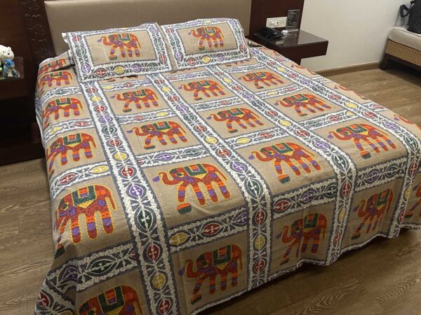 Bed Sheets - Cotton - Light Brown + Rainbow Elephants - LoomInUs - 18