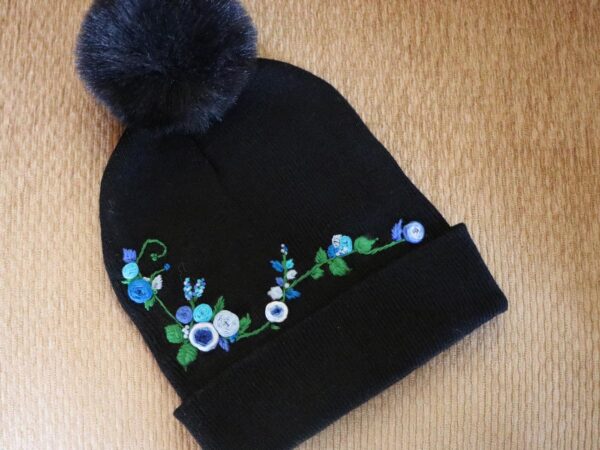 Hand-Embroidered Black Beanie with Pom Pom — Blue Flowers — photo 1