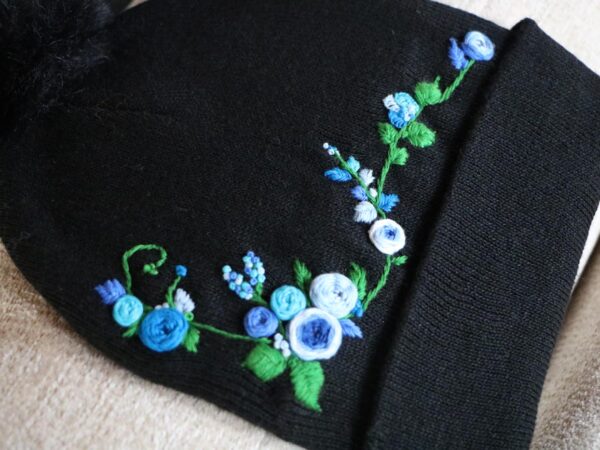 Hand Embroidered Black Beanie With Pom Pom Blue Flowers 2 Hand-Embroidered Black Beanie with Pom Pom — Blue Flowers — photo 2