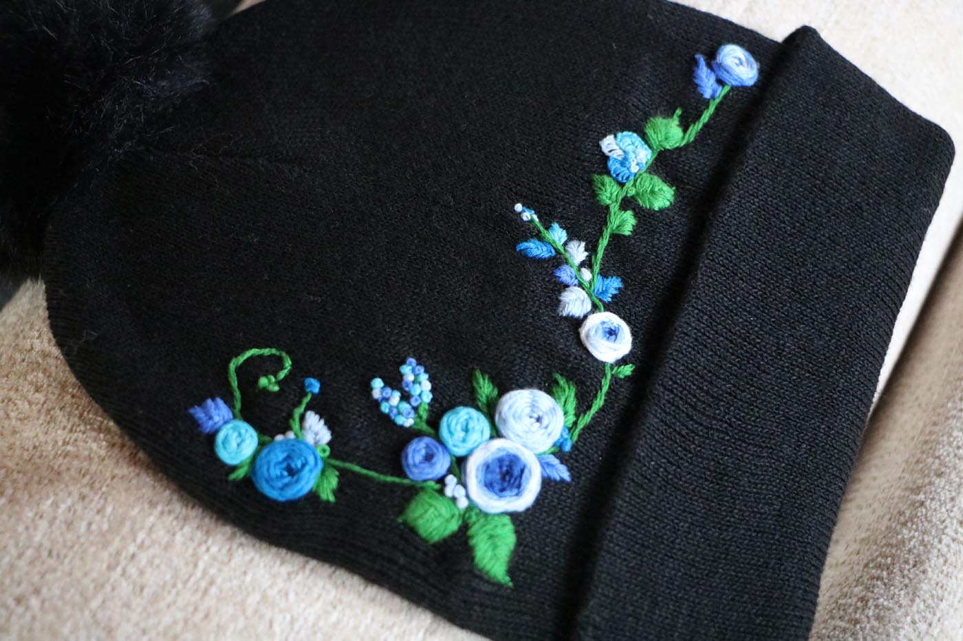 Hand-Embroidered Black Beanie with Pom Pom — Blue Flowers — photo 2