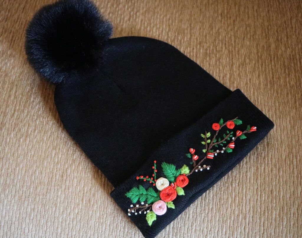 Hand-Embroidered Black Beanie with Pom Pom — Christmas — photo 1