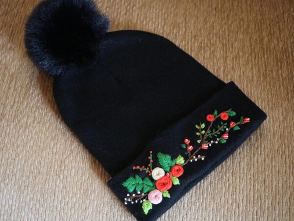 Hand-Embroidered Black Beanie with Pom Pom — Christmas — photo 1