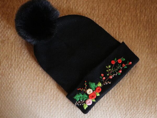 Hand Embroidered Black Beanie With Pom Pom Christmas 2 Hand-Embroidered Black Beanie with Pom Pom — Christmas — photo 2