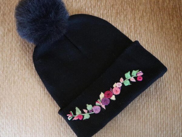 Hand-Embroidered Black Beanie with Pom Pom — Purple Flowers — photo 1