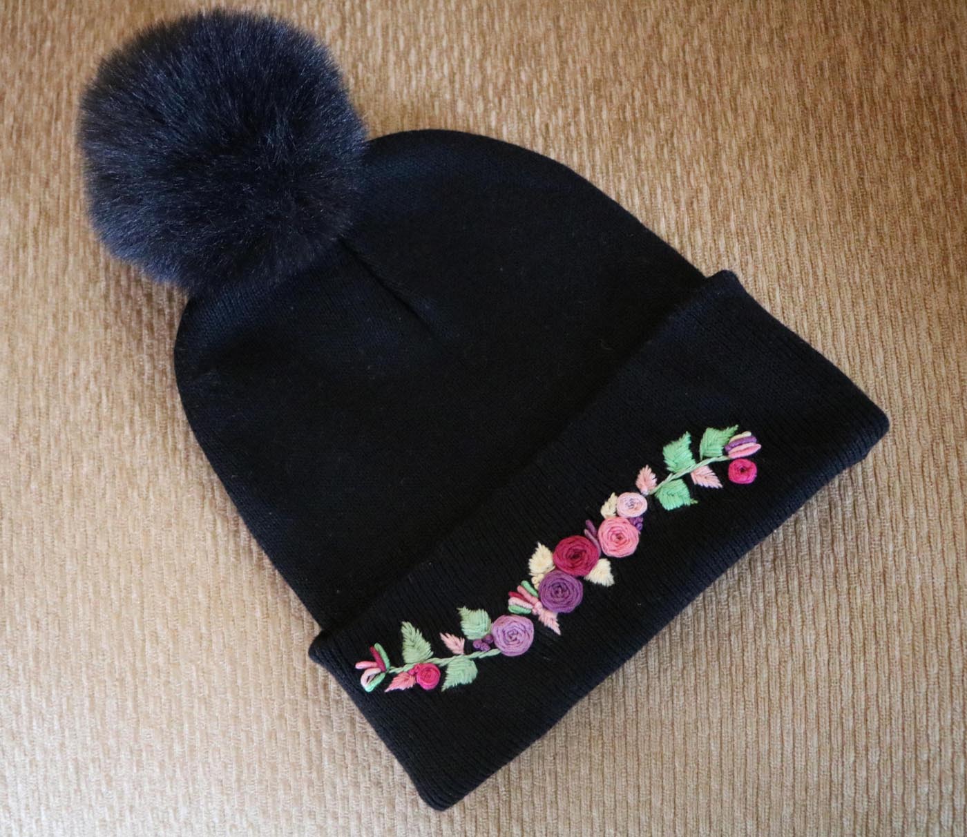 Hand-Embroidered Black Beanie with Pom Pom — Purple Flowers — photo 1