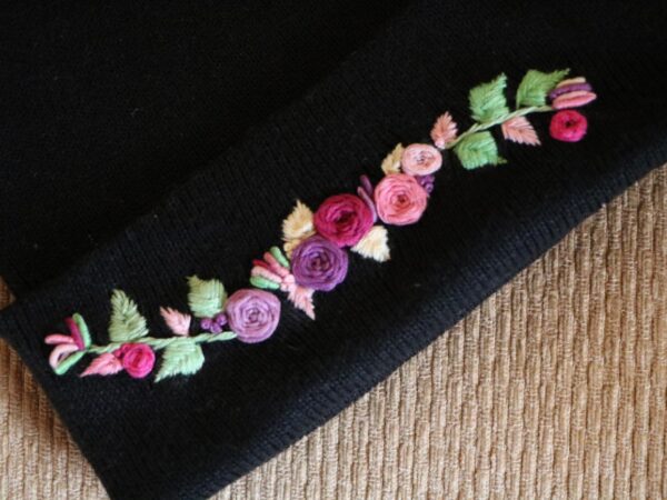 Hand Embroidered Black Beanie With Pom Pom Purple Flowers 2 Hand-Embroidered Black Beanie with Pom Pom — Purple Flowers — photo 2
