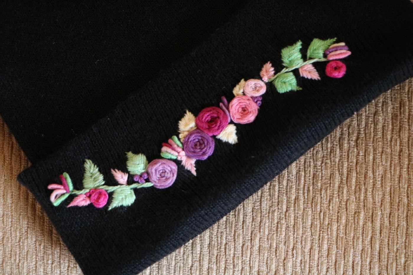 Hand-Embroidered Black Beanie with Pom Pom — Purple Flowers — photo 2