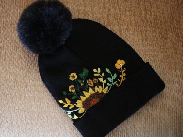 Hand-Embroidered Black Beanie with Pom Pom — Sunflower — photo 1