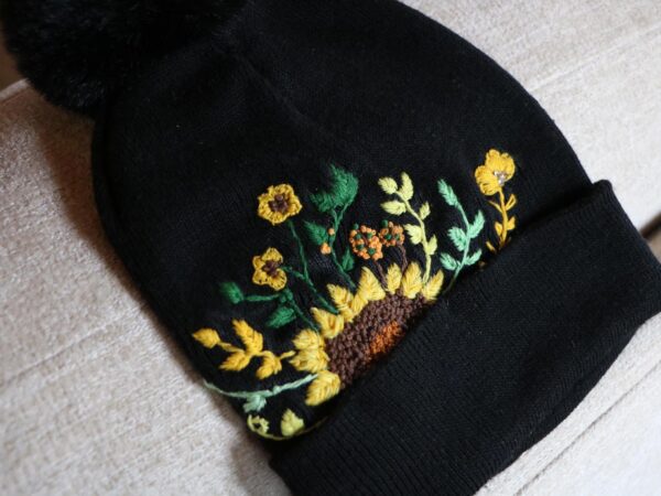 Hand Embroidered Black Beanie With Pom Pom Sunflower 2 Hand-Embroidered Black Beanie with Pom Pom — Sunflower — photo 2
