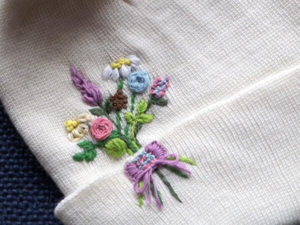 Hand Embroidered White Beanie With Pom Pom Flower Bouquet 2 Hand-Embroidered White Beanie with Pom Pom — Flower Bouquet — photo 2