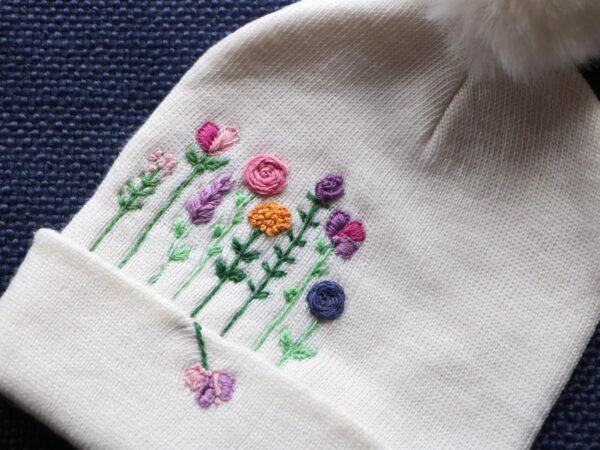 Hand Embroidered White Beanie With Pom Pom Flower Forest 2 Hand-Embroidered White Beanie with Pom Pom — Flower Forest — photo 2