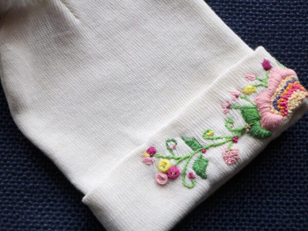 Hand Embroidered White Beanie With Pom Pom Pink Flower 2 Hand-Embroidered White Beanie with Pom Pom — Pink Flower — photo 2