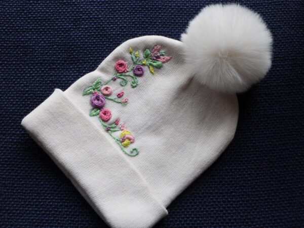Hand-Embroidered White Beanie with Pom Pom — Pink & Purple Flowers — photo 1