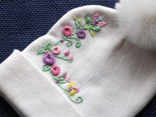 Hand Embroidered White Beanie With Pom Pom Pink Purple Flowers 2 Hand-Embroidered White Beanie with Pom Pom — Pink & Purple Flowers — photo 2