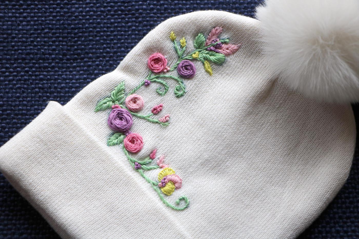 Hand-Embroidered White Beanie with Pom Pom — Pink & Purple Flowers — photo 2