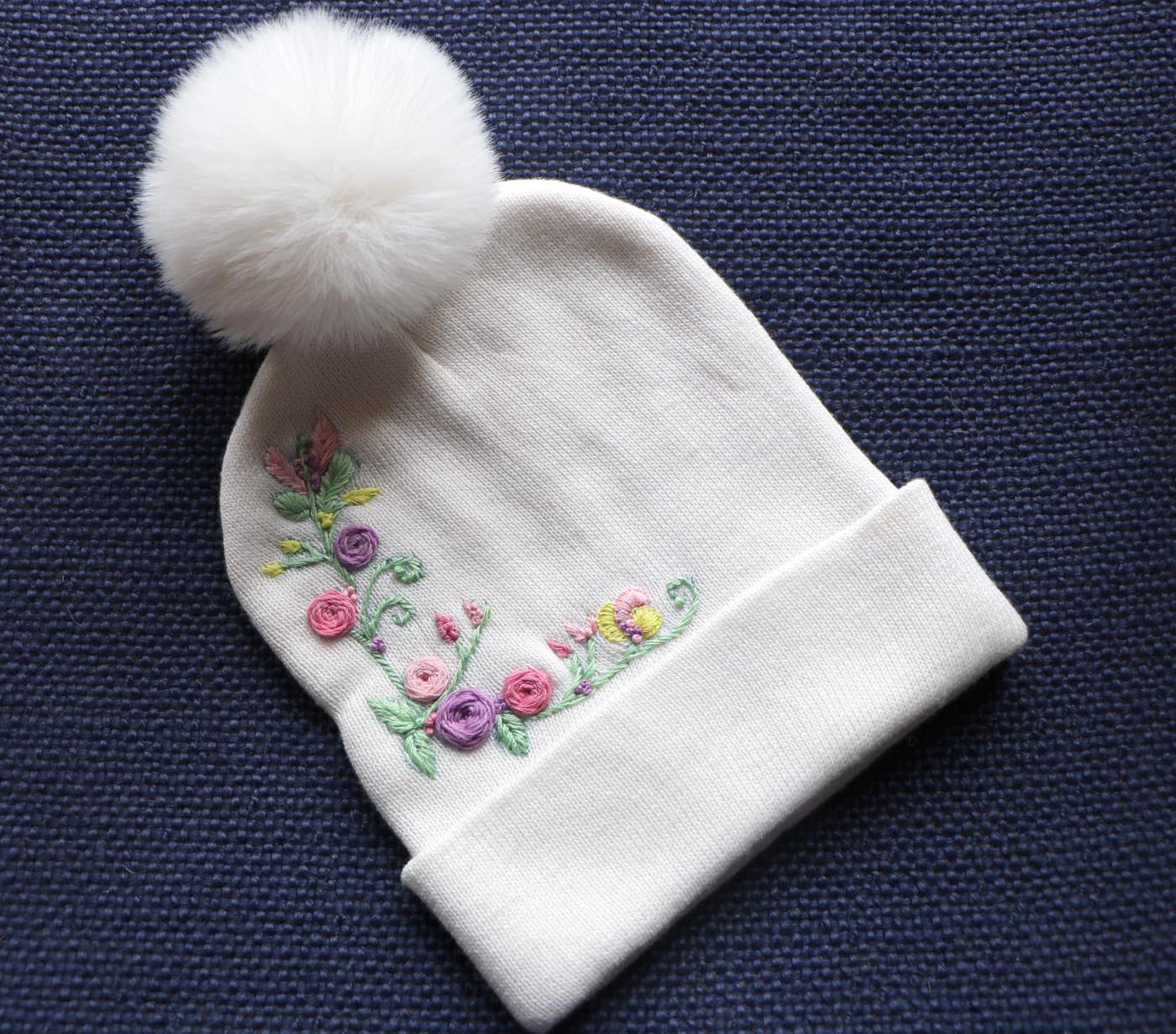 Hand-Embroidered White Beanie with Pom Pom — Pink & Purple Flowers — photo 3