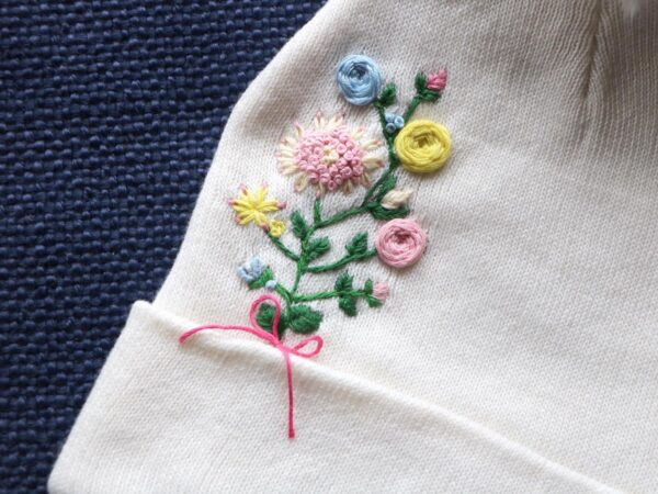 Hand Embroidered White Beanie With Pom Pom Pink Yellow Blue Flowers 2 Hand-Embroidered White Beanie with Pom Pom — Pink Yellow Blue Flowers — photo 2