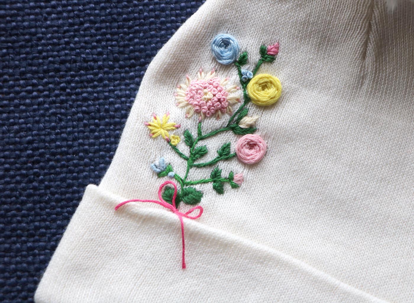 Hand-Embroidered White Beanie with Pom Pom — Pink Yellow Blue Flowers — photo 2
