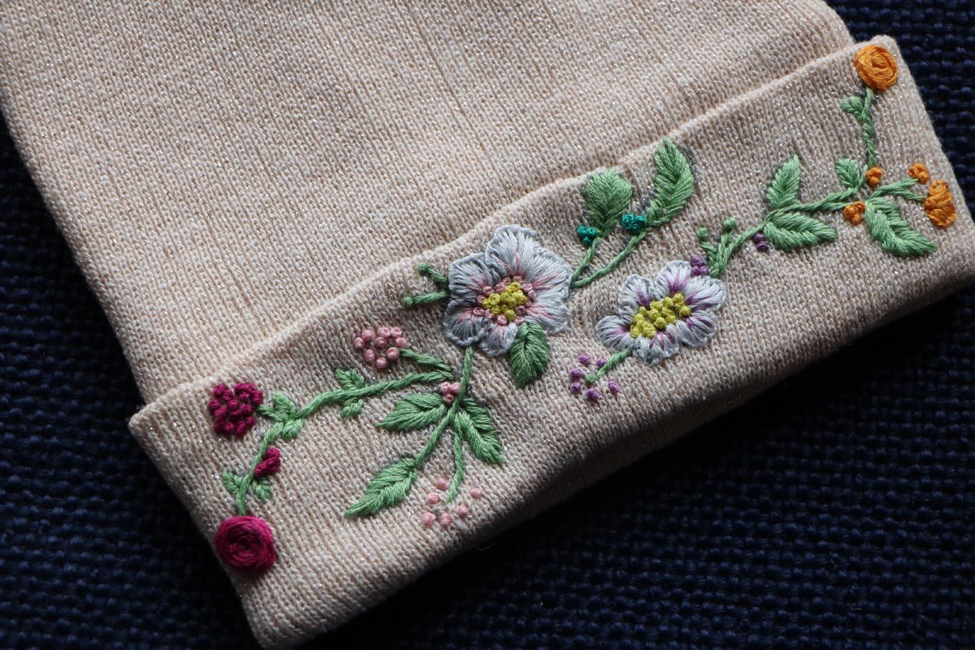 Hand-Embroidered Winter Hat — Rose, Flowers & Leaves — photo 1