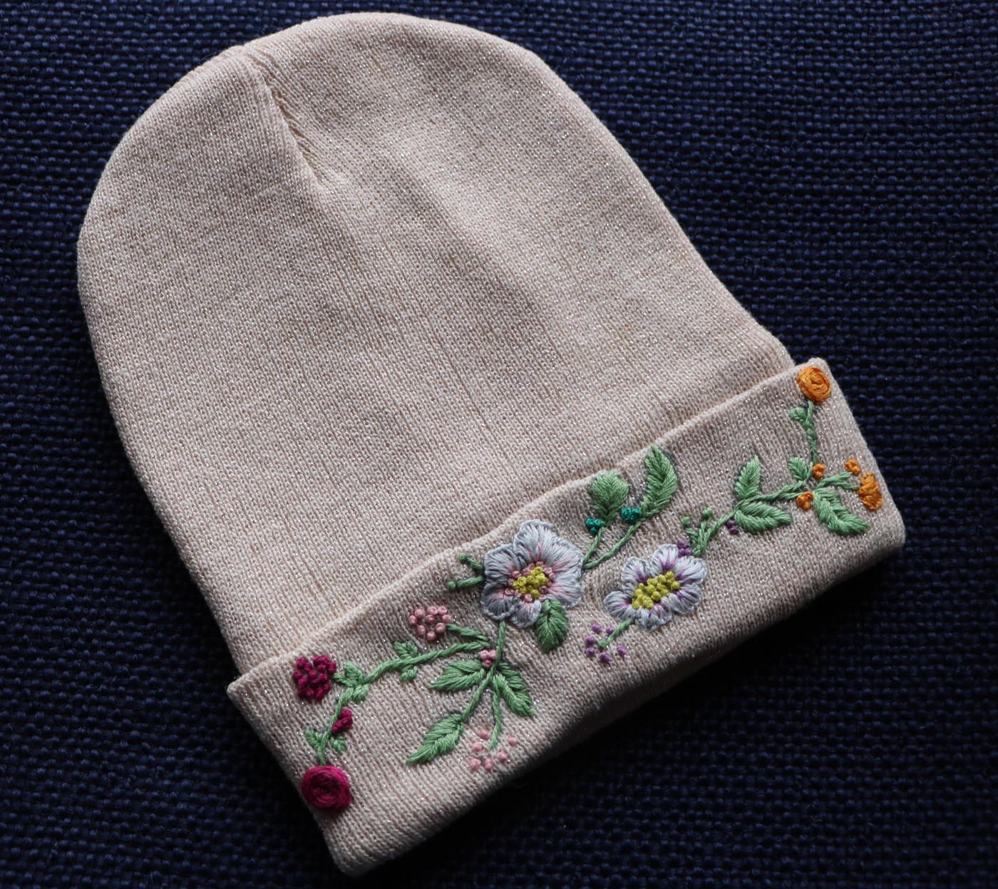 Hand-Embroidered Winter Hat — Rose, Flowers & Leaves — photo 2