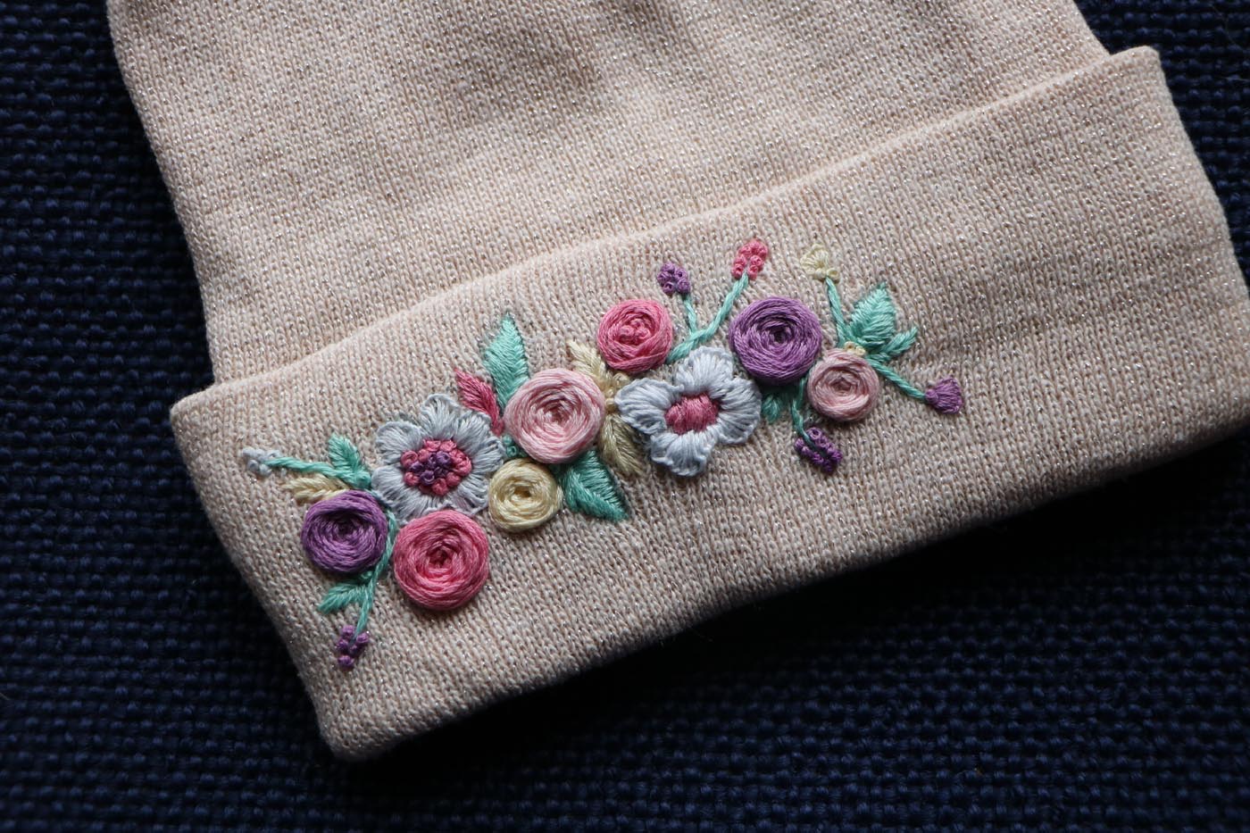Hand-Embroidered Winter Hat — Rose, Round Flowers — photo 2