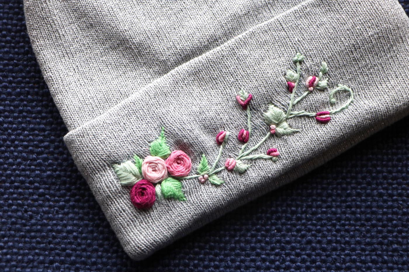 Hand-Embroidered Winter Hat — Silver, Branching Flowers — photo 1