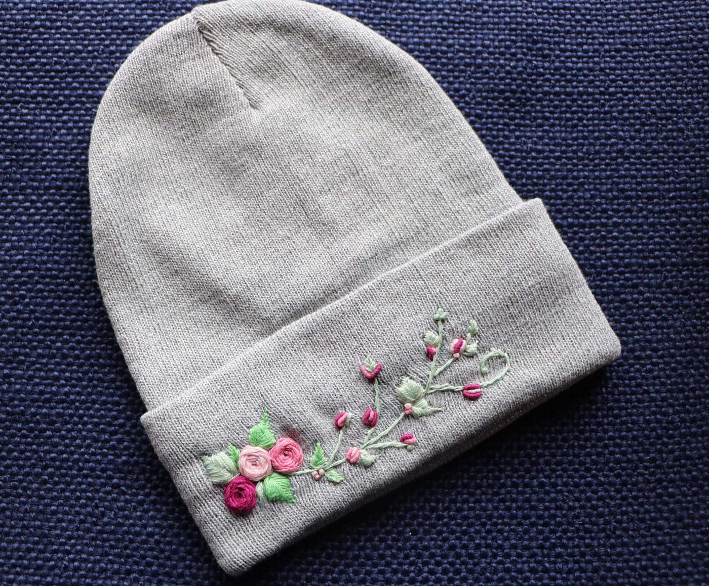 Hand-Embroidered Winter Hat — Silver, Branching Flowers — photo 2