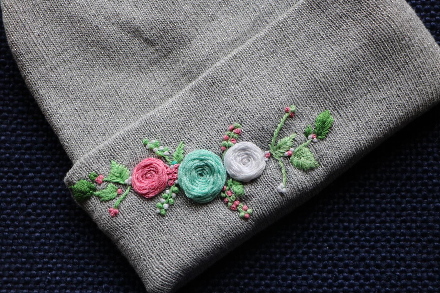 Hand-Embroidered Winter Hat — Silver, Round Flowers — photo 2