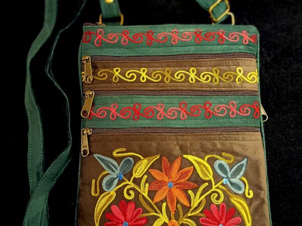 Kashmiri Suede Bag — Shoulder Strap, 5-Zipper — Brown + Royal Green — photo 1