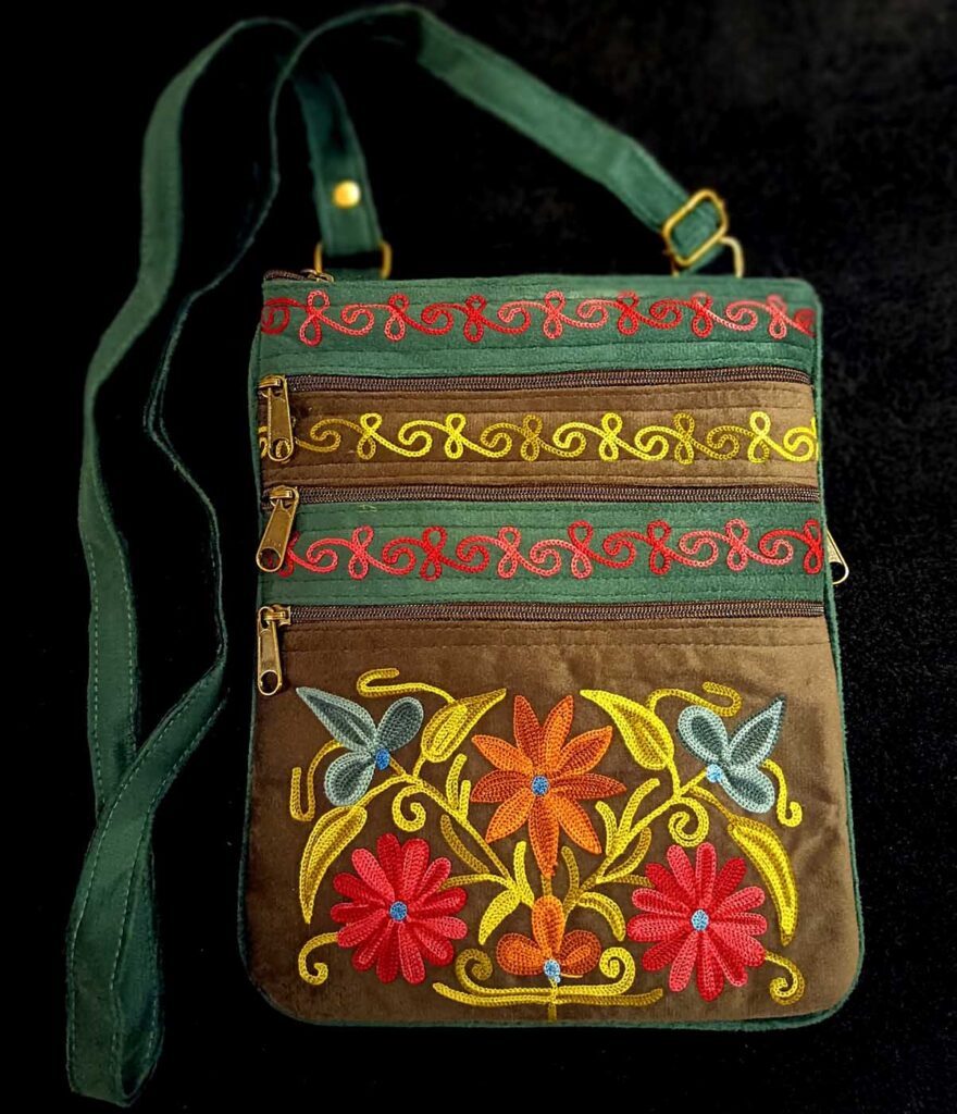 Kashmiri Suede Bag — Shoulder Strap, 5-Zipper — Brown + Royal Green — photo 1