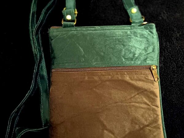 Kashmiri Suede Bag — Shoulder Strap, 5-Zipper — Brown + Royal Green — photo 2