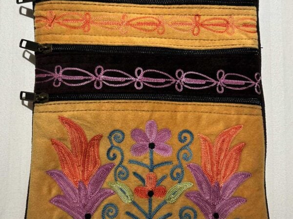 Kashmiri Suede Bag — Shoulder Strap, 5-Zipper — Mustard + Dark Brown — photo 1