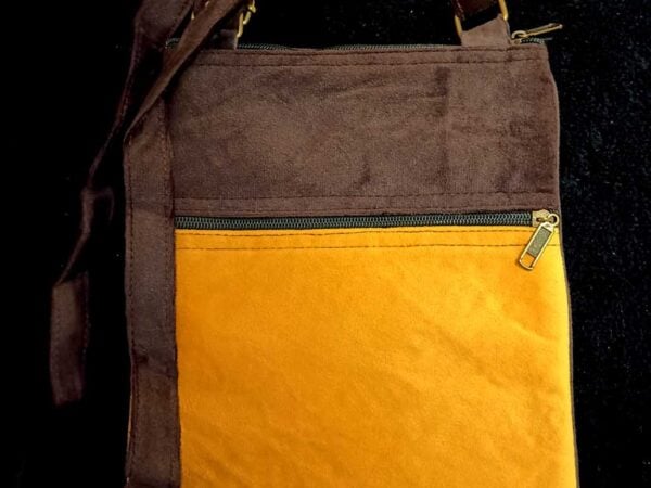 Kashmiri Suede Bag — Shoulder Strap, 5-Zipper — Mustard + Dark Brown — photo 2