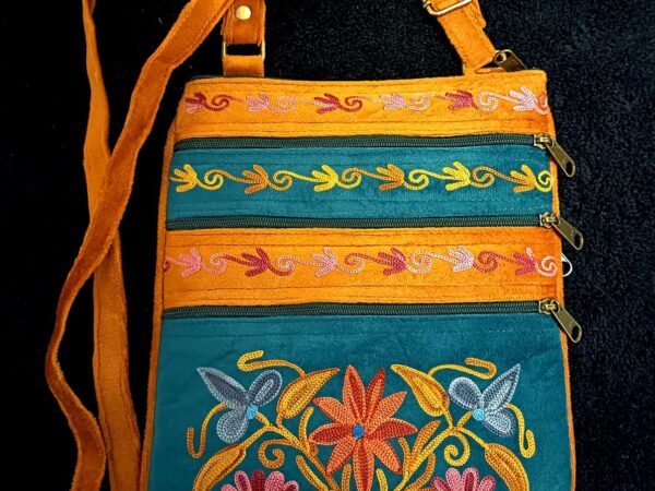 Kashmiri Suede Bag — Shoulder Strap, 5-Zipper — Mustard + Teal Green — photo 1