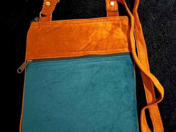 Kashmiri Suede Bag — Shoulder Strap, 5-Zipper — Mustard + Teal Green — photo 2
