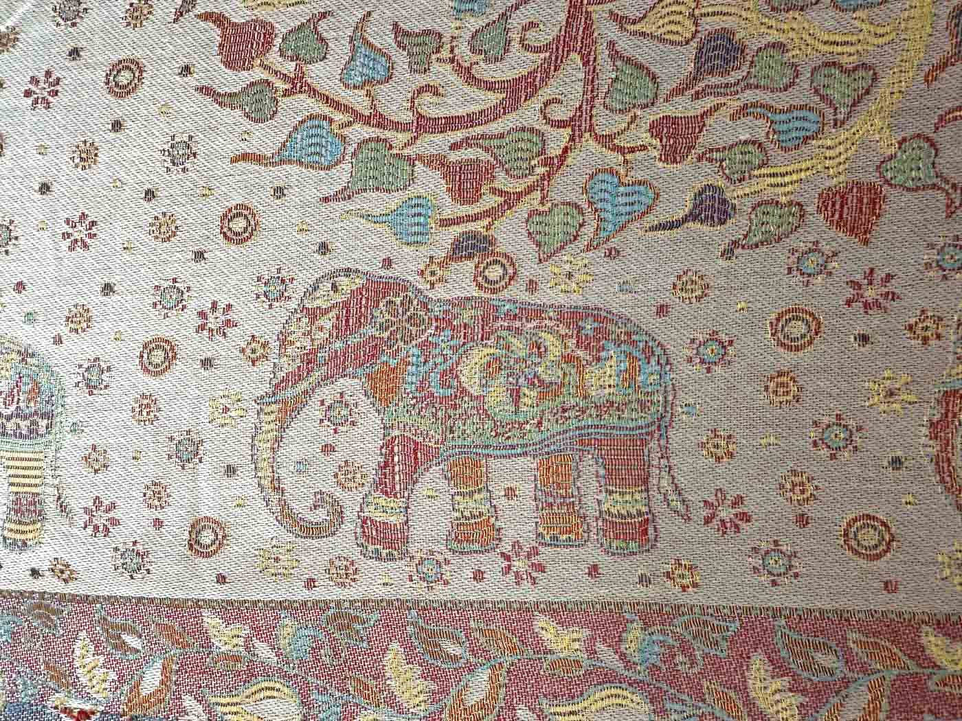 Kashmiri Wool & Silk Stole — Beige with 28 Elephants — photo 12