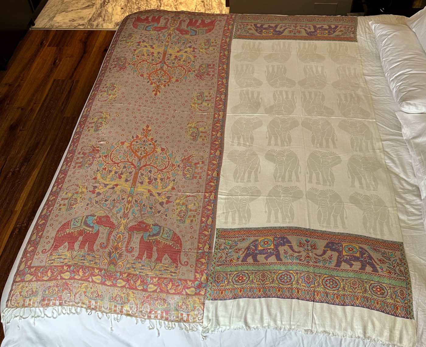 Kashmiri Wool & Silk Stole — Beige with 28 Elephants — photo 14