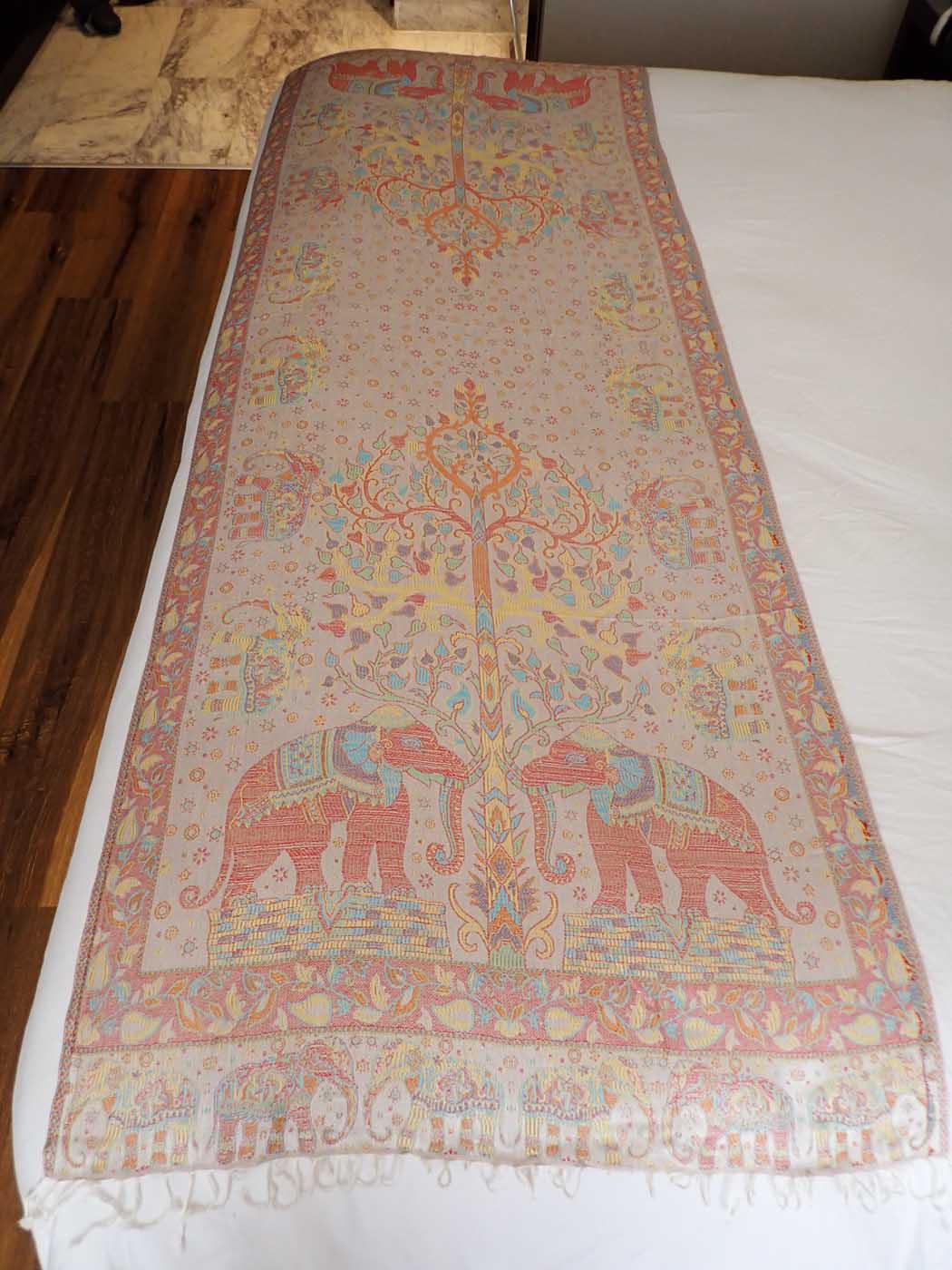 Kashmiri Wool & Silk Stole — Beige with 28 Elephants — photo 18