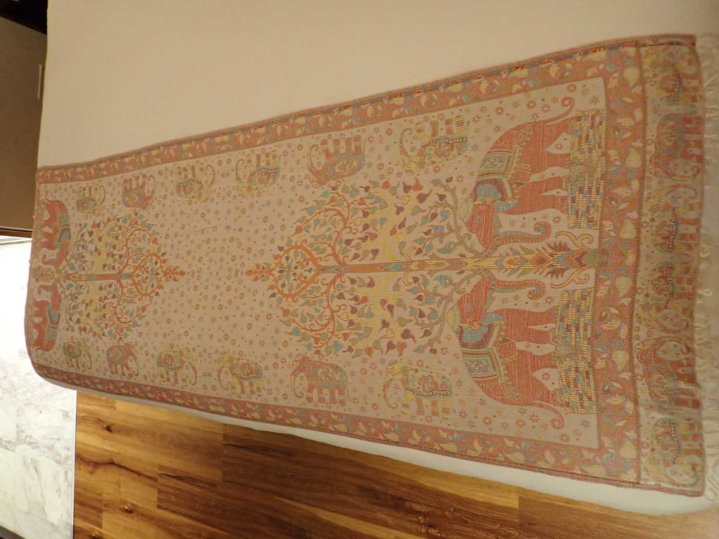Kashmiri Wool & Silk Stole — Beige with 28 Elephants — photo 19