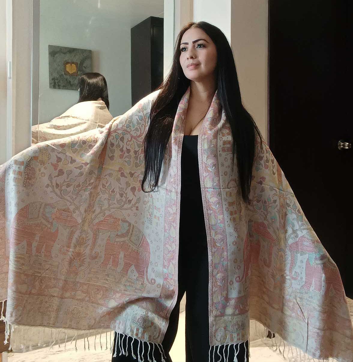 Kashmiri Wool & Silk Stole — Beige with 28 Elephants — photo 2