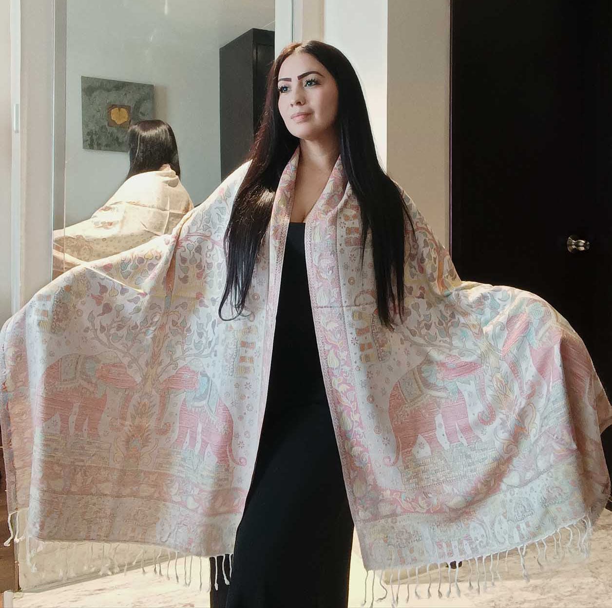 Kashmiri Wool & Silk Stole — Beige with 28 Elephants — photo 3
