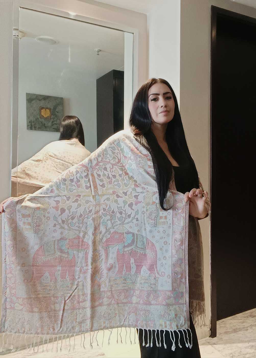 Kashmiri Wool & Silk Stole — Beige with 28 Elephants — photo 4