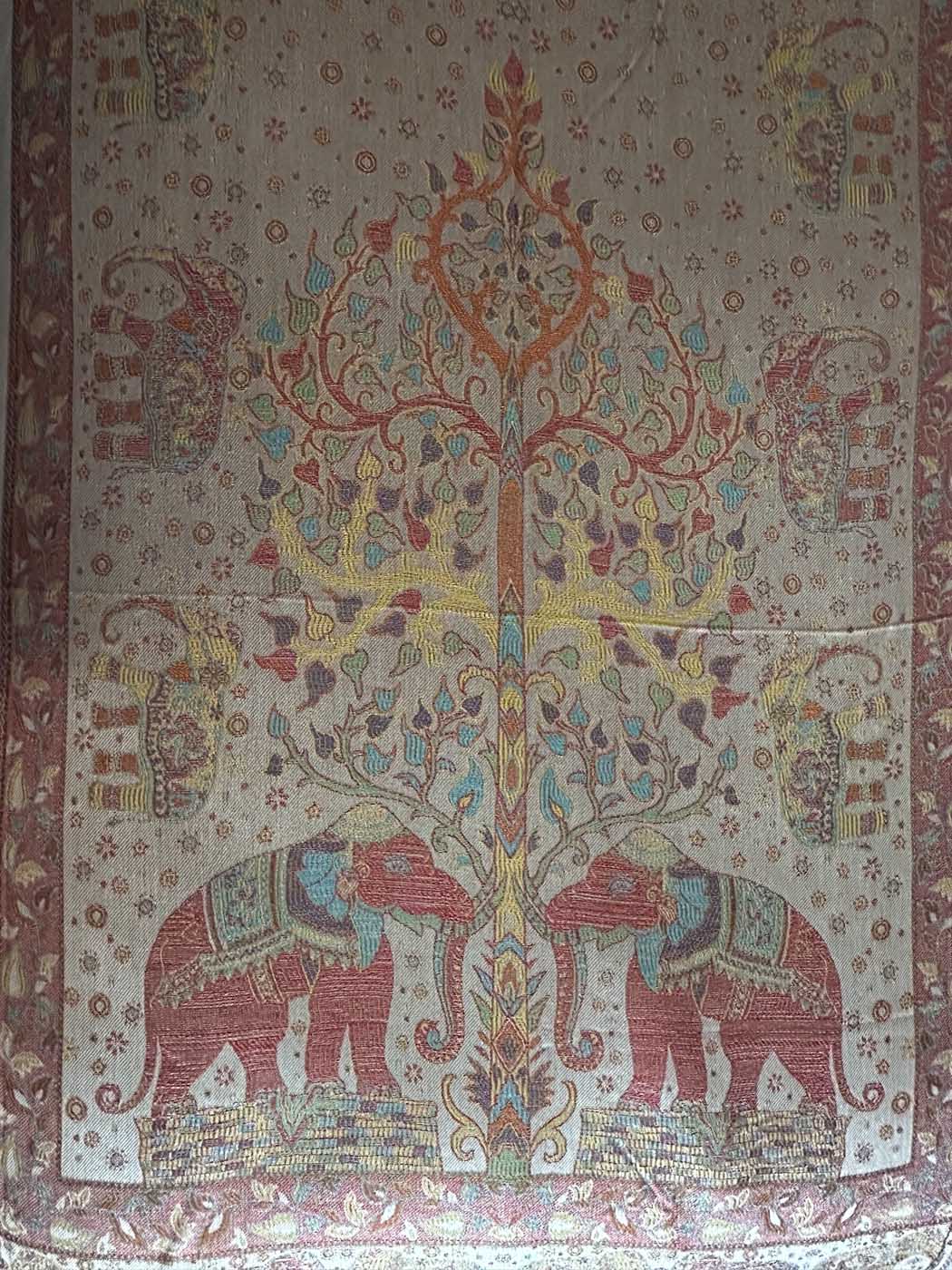 Kashmiri Wool & Silk Stole — Beige with 28 Elephants — photo 9