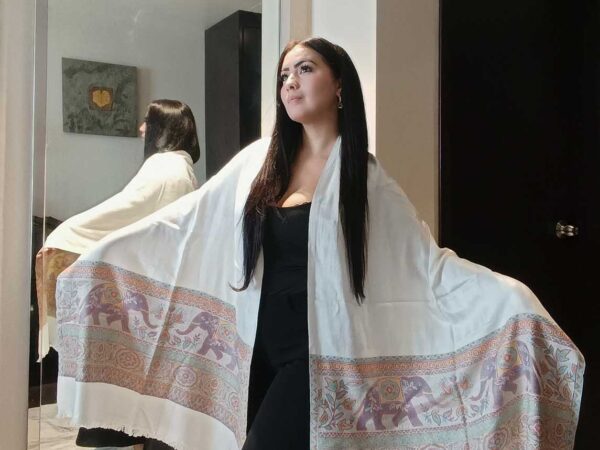 Kashmiri Wool Silk Stole White With 28 Elephants 2 Kashmiri Wool & Silk Stole — White with 28 Elephants — photo 2