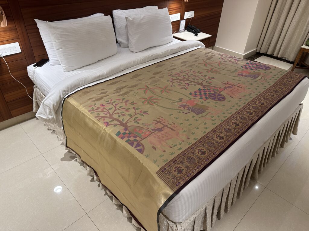 Silk Saree — Gold + Burgundy, Village Scene — photo 1