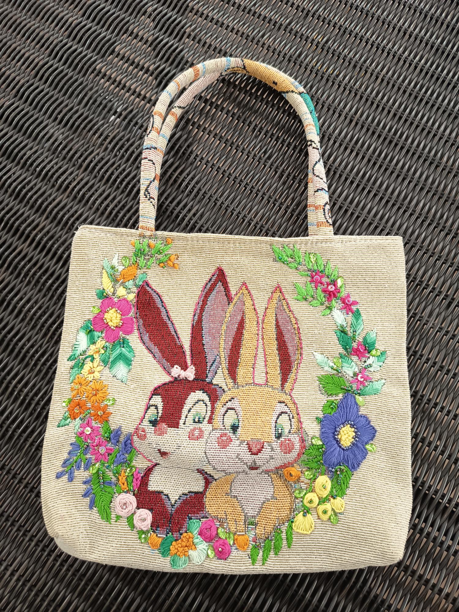 Thai Handwoven Hand Bag — Rabbit Lovers (Beige) — photo 2