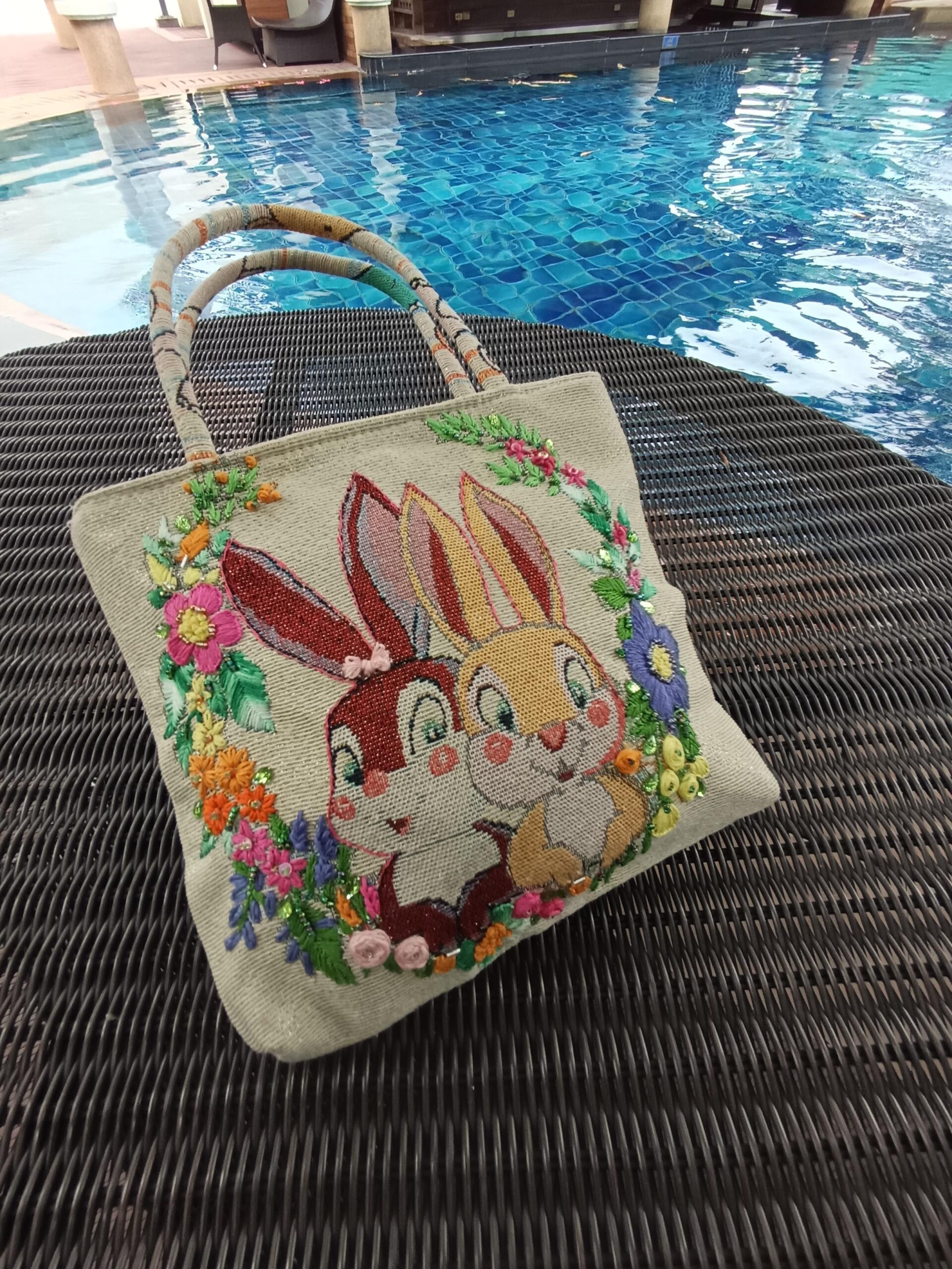 Thai Handwoven Hand Bag — Rabbit Lovers (Beige) — photo 4