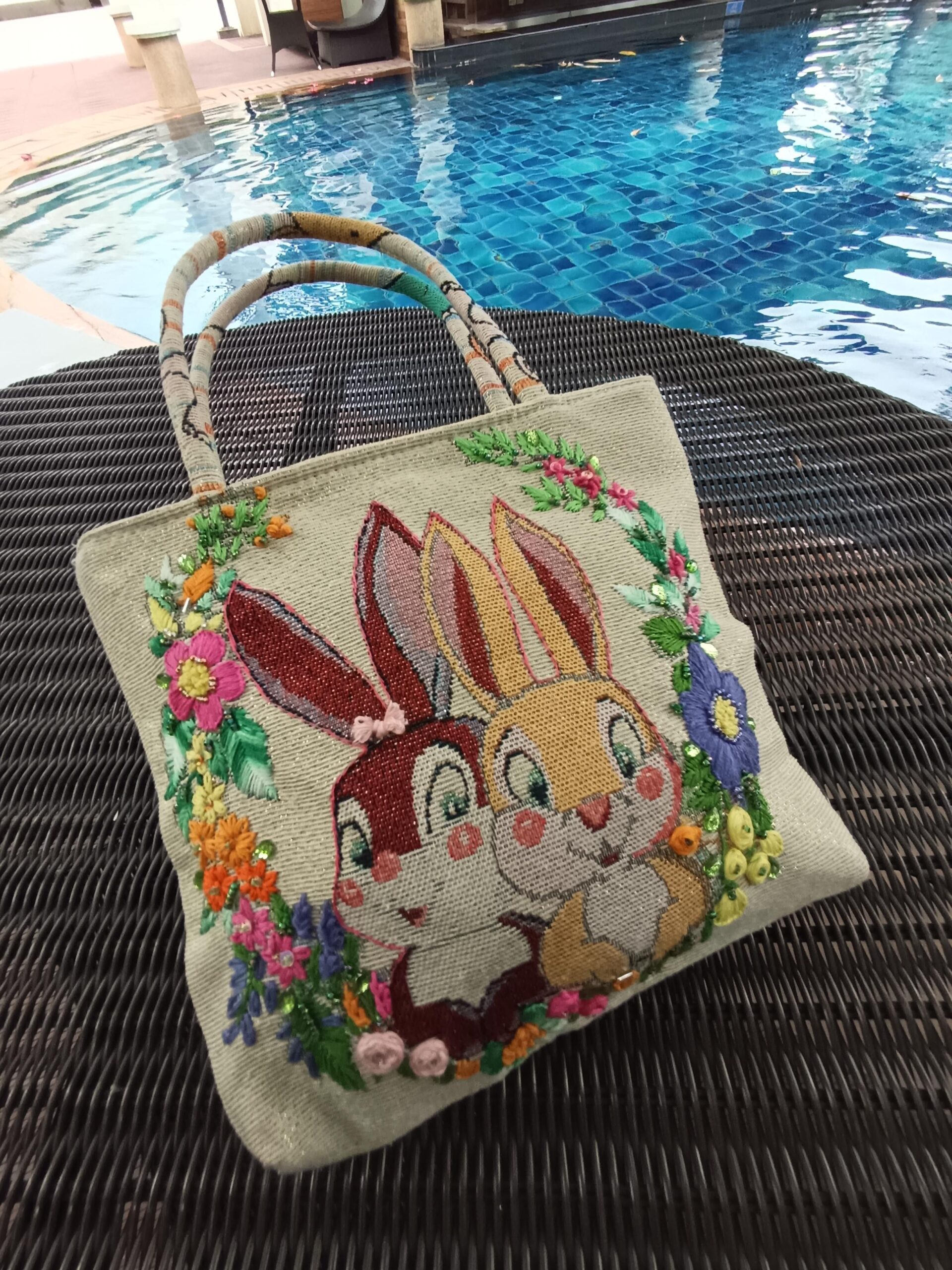 Thai Handwoven Hand Bag — Rabbit Lovers (Beige) — photo 5