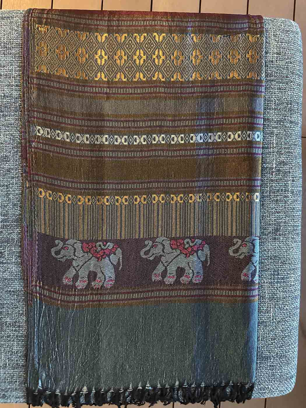 Thai Pashmina Scarf — Partially Reflective Gold + Burgundy + Silver + Blue — photo 1