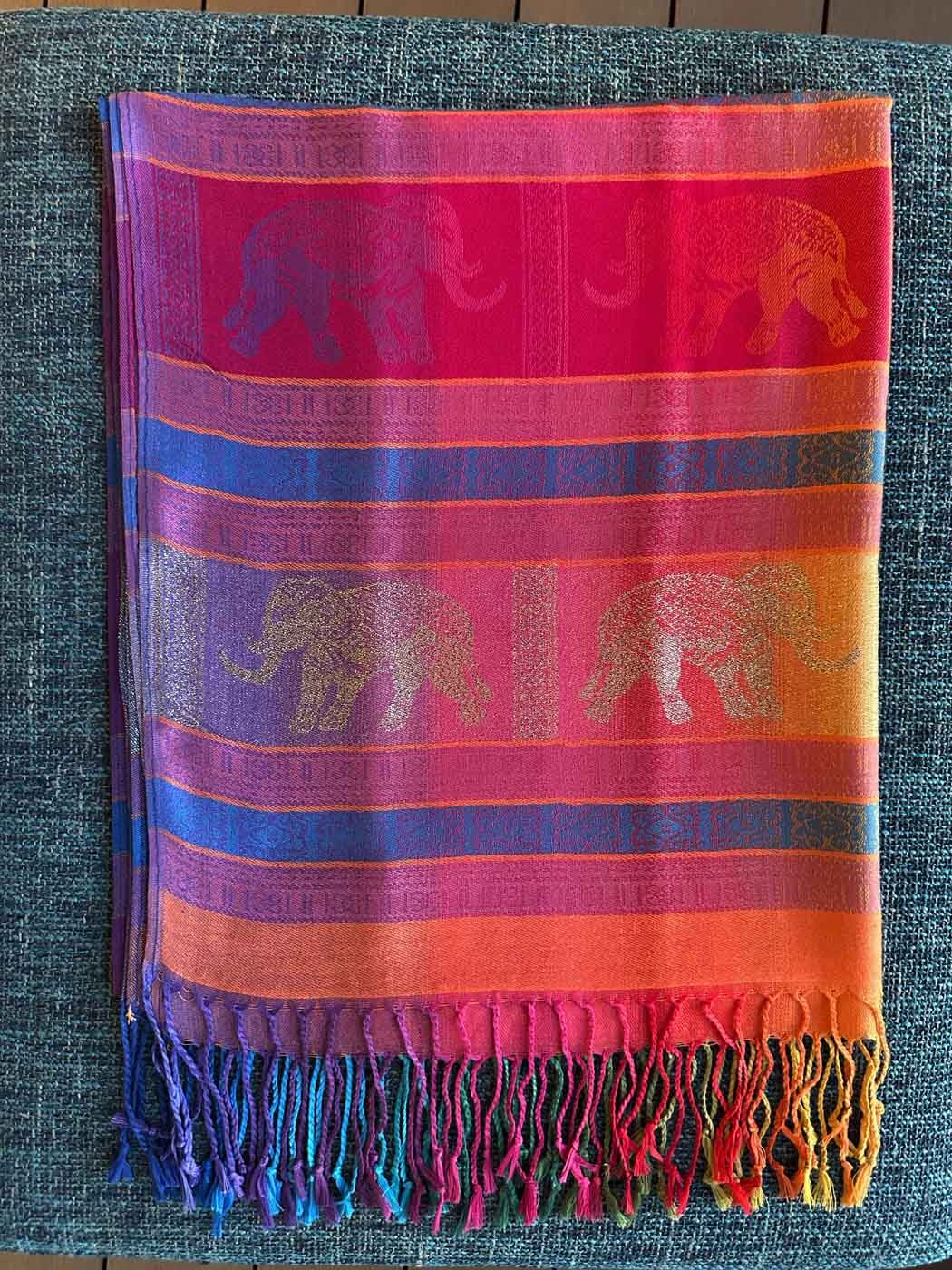 Thai Pashmina Scarf — Rainbow + Gold Elephants — photo 1